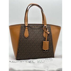 Michael Kors Taryn Small Signature Logo and Leather Tote Crossbody Brown Acorn